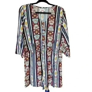 Bongo Romper Floral/ Stripe Pattern, Buttons, V-Neck, Size L